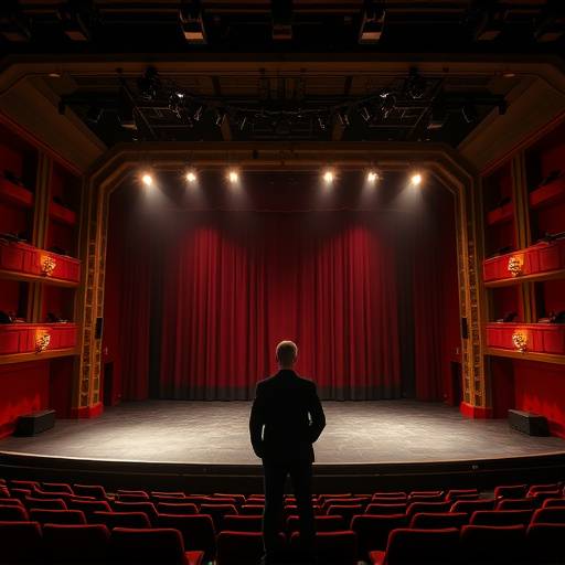 Um palco de teatro iluminado, pronto para uma audiäão com uma pessoa esperando nos bastidores
